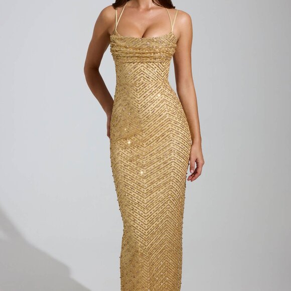 OhPolly Constance Embellished Cowl-Neck Maxi Dress in Gold, 6 - Picture 4 of 5